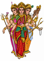 Obraz premium hand drawn digital art of goddess saraswati , lakshmi & durga
