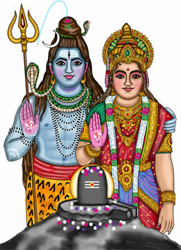 hand drawn digital art of goddess parvati & shiva