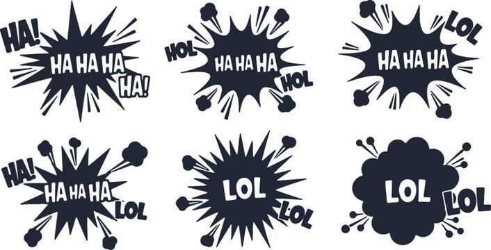 Comic book style laughter speech bubbles with ha ha and lol text on a plain white background.