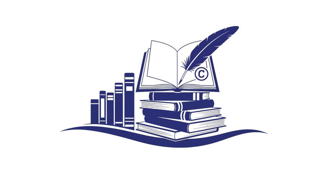 A stack of books with an open book and feather illustration