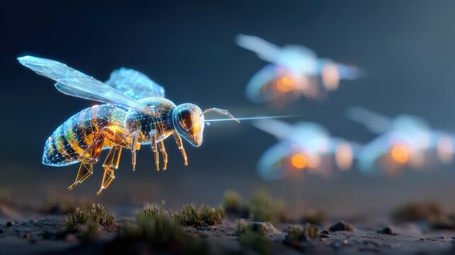 Futuristic cybernetic bee swarm soaring through a digitally rendered environment, a captivating blend of nature and technology. ..Created with Generative AI, not depicting real subjects.