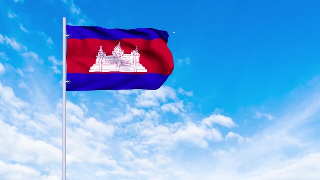 Flag of Cambodia Waving in the wind, blue sky with clouds Background, Slow Motion, Realistic Animation, 4K
