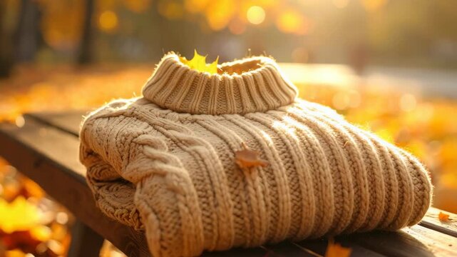 Cozy autumn sweater on a park bench with golden fall leaves