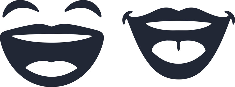 Two stylized black and white illustrations of wide open laughing mouths with teeth and tongues