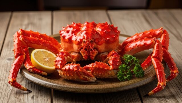 Delicious crab on a plate with lemon.