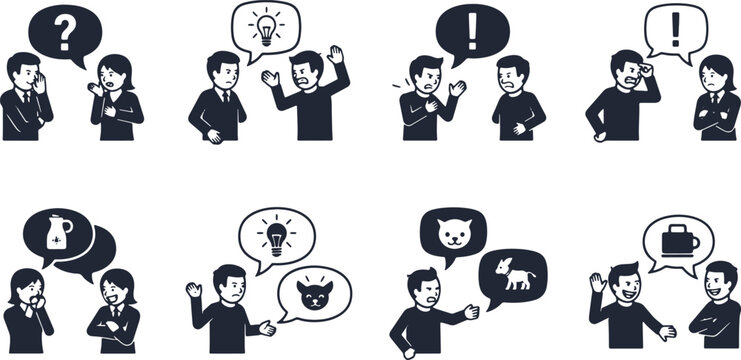 Vector illustration set of people having different types of conversations and misunderstandings