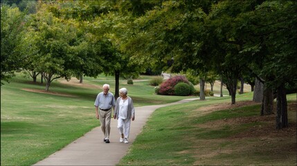 Fototapeta premium Serene Stroll in Park: An elderly couple strolls hand-in-hand along a winding path, embracing the tranquility of a park and sharing a moment of togetherness amidst the beauty of nature.