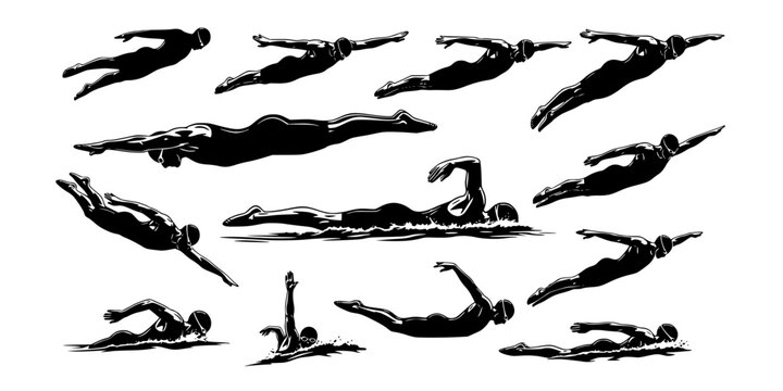 Professional swimming silhouette set features swimmers diving and racing in a black vector illustration.
