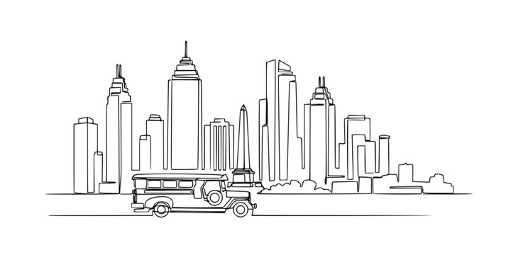 Philippines Manila skyline continuous line drawing features a Jeepney, Rizal Monument, and skyscrapers.
