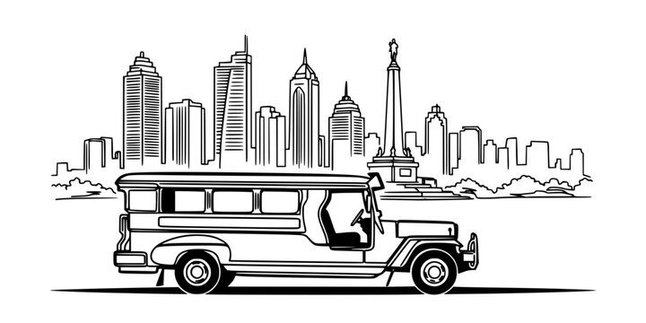 Philippines Manila skyline continuous line drawing features a Jeepney, Rizal Monument, and skyscrapers.
