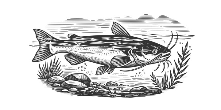 swimming catfish in river water vintage engraving illustration
