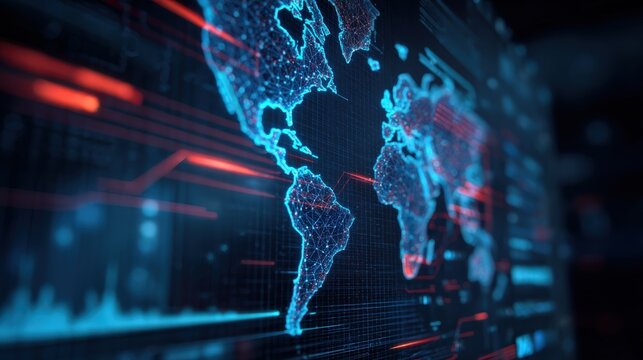 Global network map showcases a interconnected world of data, with lines, dots. ..Created with Generative AI, not depicting real subjects.
