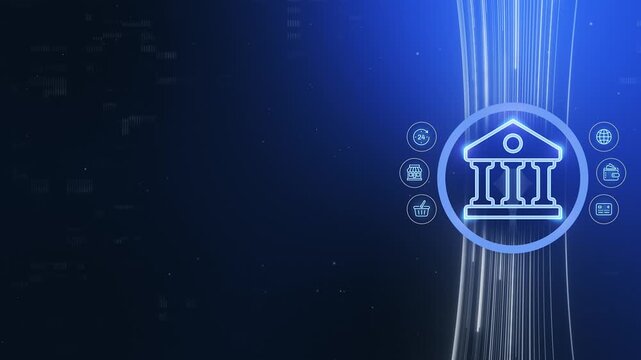4K Fintech Blue Data Stream Banking. Glowing Flowing Lines with Bank Hub and Financial Service Icons for Web Headers.