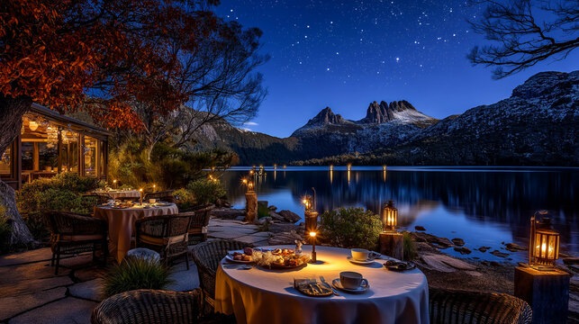 AI generator images of dining by the lake at night is beautiful and tranquil, with tables set up and adorned with lanterns around a bonfire, set against a backdrop of mountains and stars.