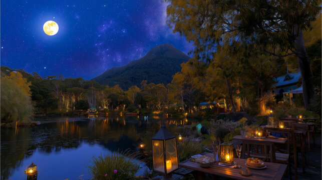 AI generator images of dining by the lake at night is beautiful and tranquil, with tables set up and adorned with lanterns around a bonfire, set against a backdrop of mountains and stars.