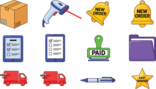 E-commerce and Delivery Icons Set with Shipping, Order, Paid, and Service Tools for Online Shopping, Order Management, and Logistics