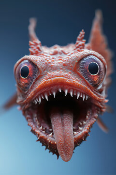 creature of ai, tiny seamonster with many sharp teeth showing tongue with big eyes open, fantasy, photorealistic