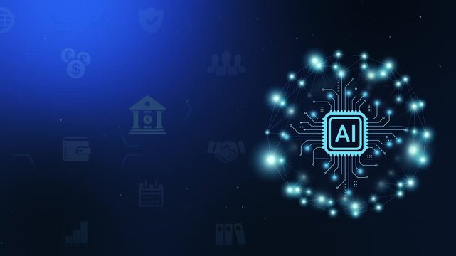 4K Fintech Blue Agentic Ecosystem. Glowing AI Circuit with Rotating Network Nodes and Banking Service Background.