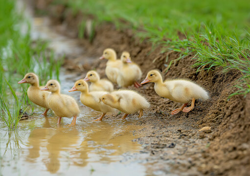 AI generator images of Ducklings often follow each other in groups for safety and to learn how to find food.
Environment: Commonly found in agricultural areas, near water sources, or on farms.