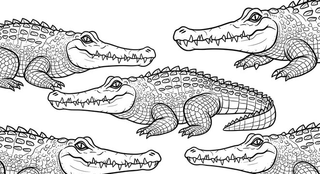 A black and white illustration of multiple crocodiles pattern