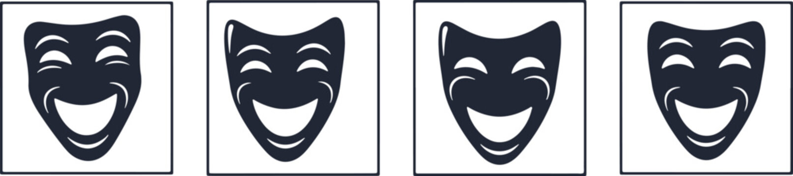 A set of four black and white comedy theater masks in a row for drama and performance art