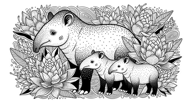 Detailed illustration of a giant anteater with two young ones