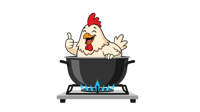 Jolly cartoon chicken gives a thumbs up while sitting inside a large black cooking pot heated by blue flames on a kitchen stove.