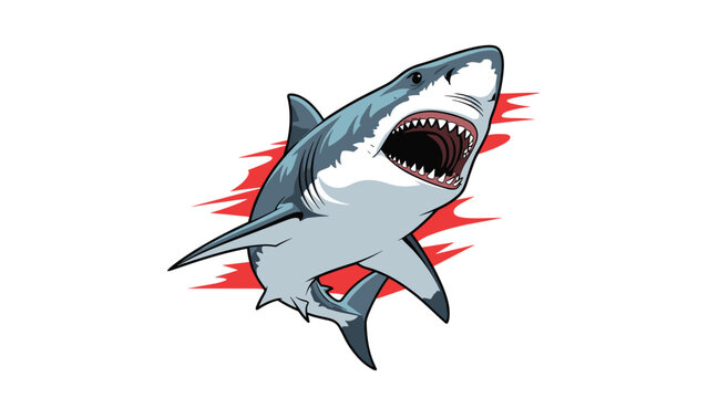 Powerful great white shark with its mouth wide open showing rows of sharp teeth lunges forward against red paint splashes.