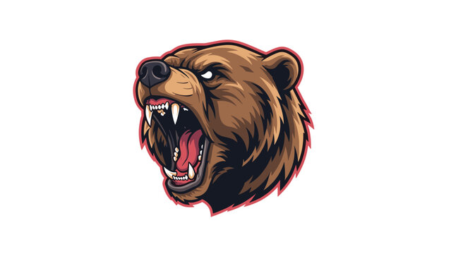 Angry grizzly bear with its mouth wide open in a fierce roar shows sharp teeth in a powerful wildlife mascot illustration.