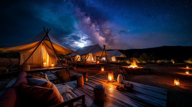 AI generator images of  depicts the atmosphere of a glamping vacation, which combines camping with luxury and comfort. The beauty of the Milky Way is a key selling point for this type of accommodation