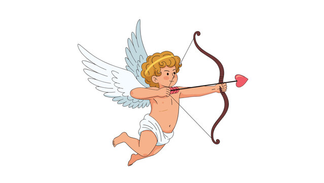 Classical cupid with white wings and curly hair flies through the air while aiming a bow and a heart tipped arrow for love and romance.