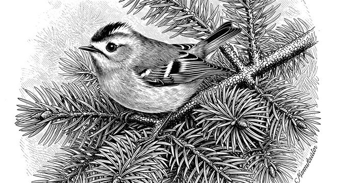 A detailed black and white illustration of a small bird perched on a pine tree branch