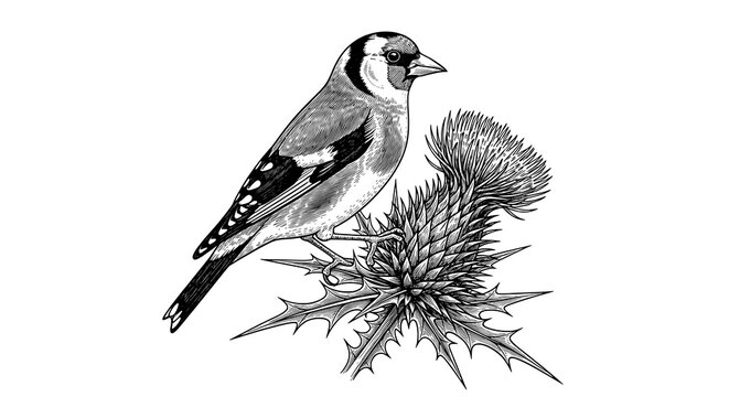 Detailed Illustration of a Goldfinch on a Thistle Flower