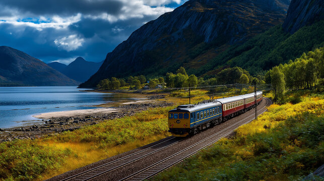 AI generator images of High-speed trains often pass through beautiful natural landscapes along the coast, or near dams, reservoirs, and lakes during sunset.