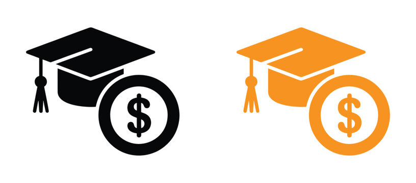 Educational finance icon featuring a graduation mortarboard cap with a dollar coin and book symbol representing scholarship opportunities student loan debt and tuition savings plans