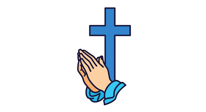 Praying hands with blue cross symbol.