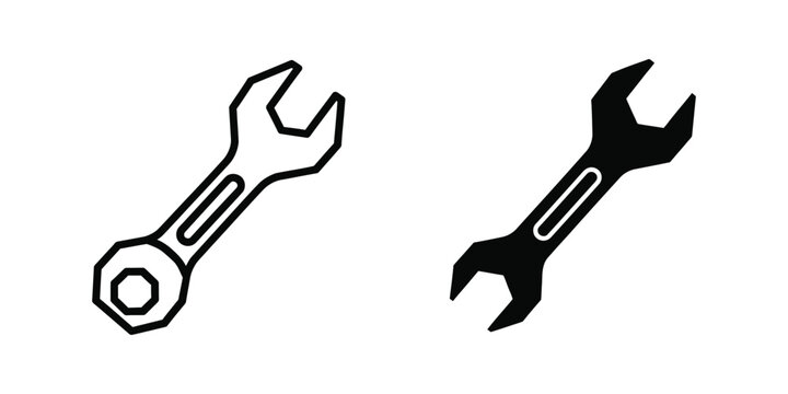 Two contrasting wrenches depicted in simple line art and solid black design