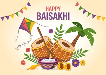 Naklejka premium Happy baisakhi celebration with traditional indian drums and kite on beige background