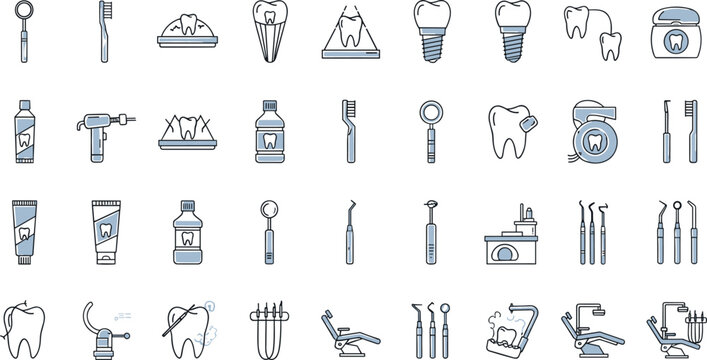 Dental Care and Oral Health Icon Set with Toothbrush, Tooth, Dental Tools, Floss, and Clinic Equipment for Dentistry, Hygiene, and Treatment Design
