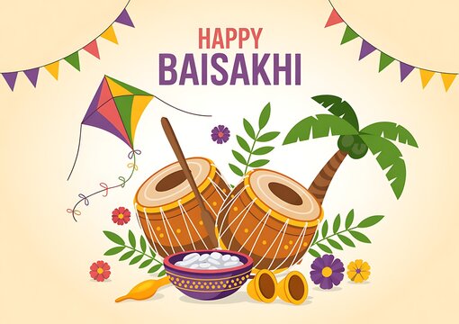 Happy baisakhi celebration with traditional indian drums and kite on beige background
