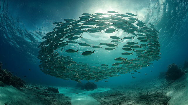 AI generator images of large school of fish (baitball) being hunted by predators in the ocean, a natural occurrence in marine ecosystems. These are believed to be schools of sardines or barracuda. ​​