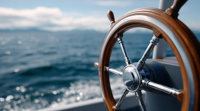 Wooden ship steering wheel on sailing boat with ocean waves in background for navigation concepts, maritime business branding and travel advertising	
