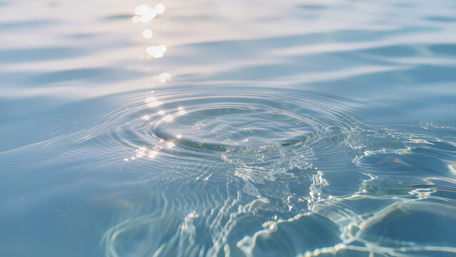 Water aesthetics. An abstract water surface with circular ripples and sunlight reflections, a minimalist background. Ideal for banners, advertisements, and articles about nature, ecology