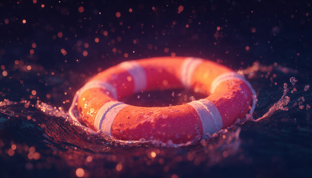 Floating life buoy drifting on open water surface with dynamic splashes for marine safety campaigns, emergency rescue services concepts, ocean survival training materials or disaster thriller