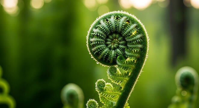 Close-up of a vibrant green fern frond unfurling with dew drops in soft morning light, Fibonacci sequence