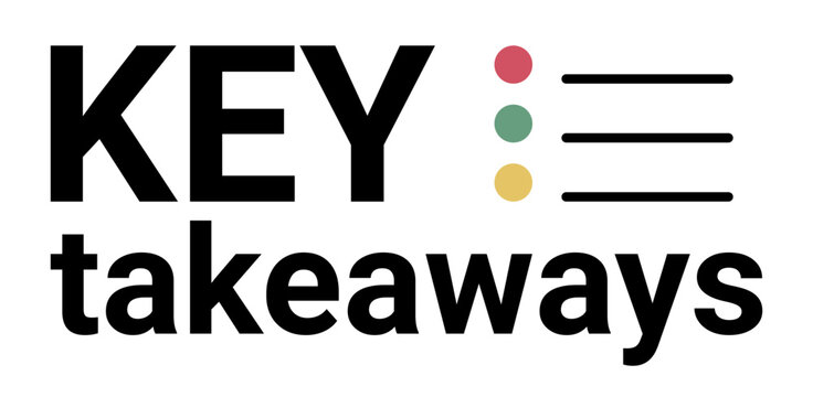 Key takeaways text with check mark icon. Conceptual graphic representation of critical information summary. Essential findings, main lesson learned business presentation or report. Vector illustration