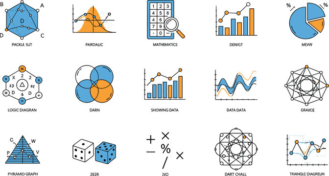 Mathematics and Data Visualization Icon Set Featuring Graphs, Diagrams, Calculators, and Data Charts for Educational, Analytical, and Statistical Designs