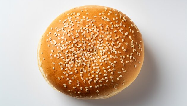 deliciously golden seeded hamburger bun top viewed from above on clean bright surface