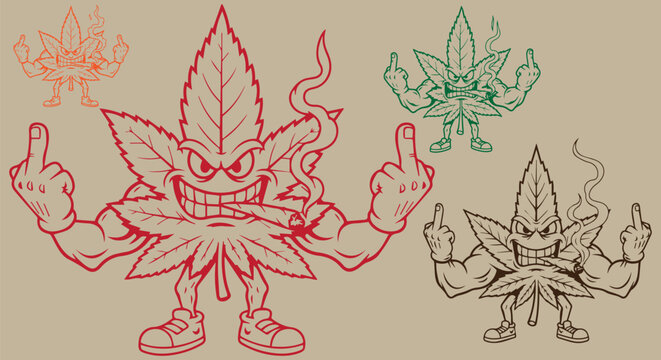 Vintage cannabis leaf cartoon character set, muscular marijuana mascot smoking a joint, aggressive hemp leaf vector illustration showing middle finger
