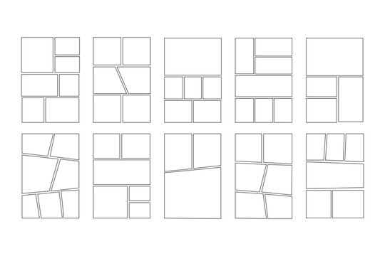 Set of collage grid manga comic storyboard layout panel blank template, vector illustration.